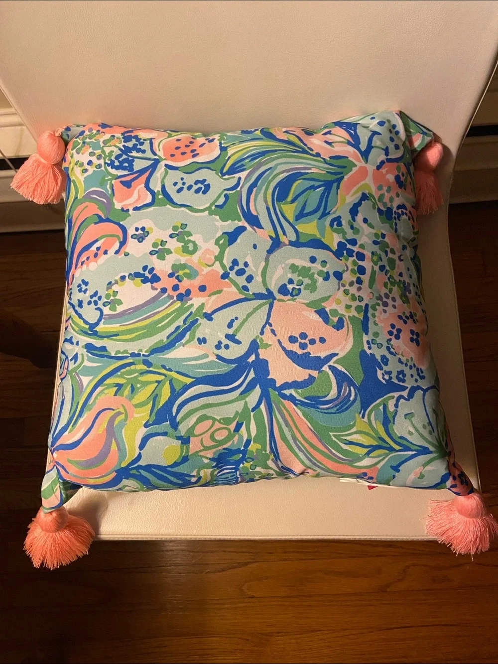 Lilly Pulitzer Blue, Green, Yellow and Pink Tropical Pillow with Tassel